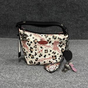 Ed Hardy Shoulder Bag Womens Small White Leopard Tattoo Skull Rhinestone Charm